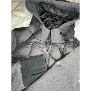 Michael Kors Womens Hybrid Puffer Jacket Black Gray Hooded Thumbholes Large